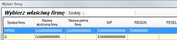 Agregacja firmowa - okno wyboru firmy