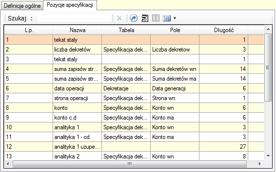 Dekretacja: struktura pliku emisji - definiowany (pozycje specyfikacji)