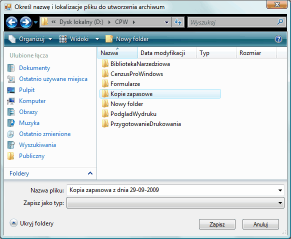 Zapisanie kopii - ustalenie nazwy i lokalizacji