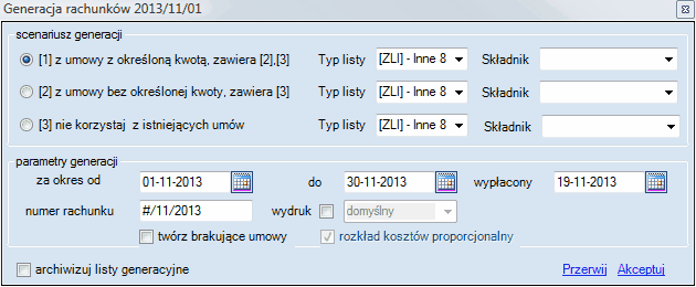 listy generacyjne - generowanie rachunków