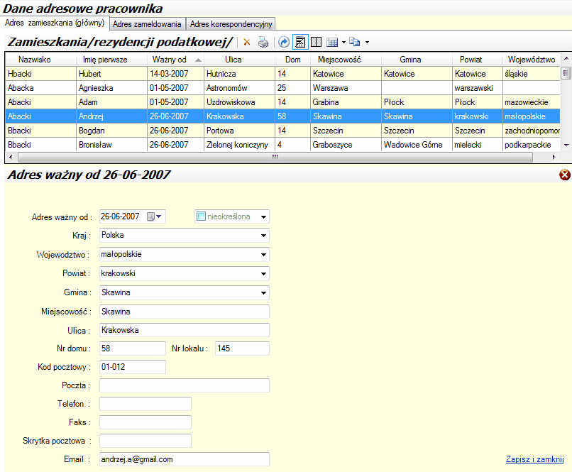 Rejestr danych pracowniczych / Dane adresowe