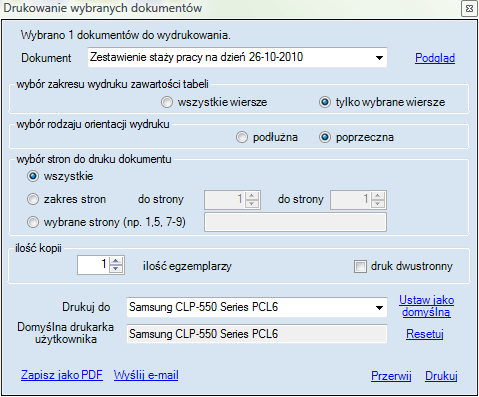 Rejestr staży pracy - okno przygotowania wydruku.