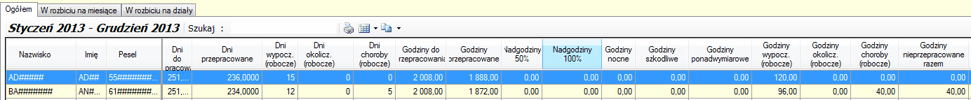 Zestawienie czasu pracy. Okno zakładki "Ogółem"