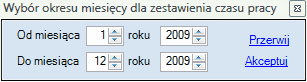 Okno wyboru okresu miesięcy dla zestawienia czasu pracy